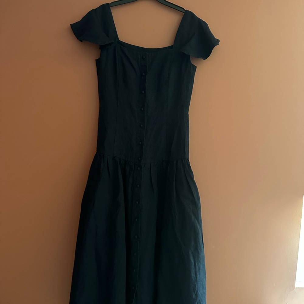 Night Navy Button Down Dress, Ruffle Sleeve